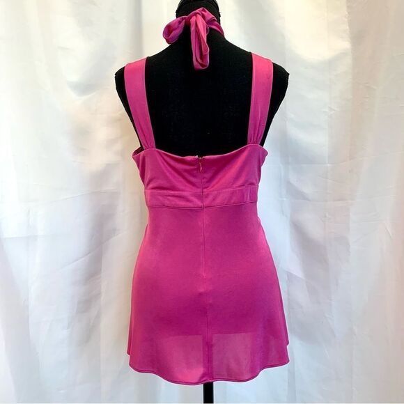 Bcbgmaxazria hot fuchsia pink satin effect pleated ruched halter top blouse Sz M - Picture 6 of 11